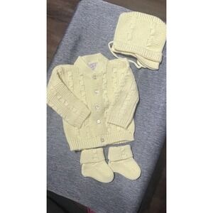 Vintage 1960s Blue Bird Baby Outfit Cardigan Booties Bonnet Soft Yellow Shower